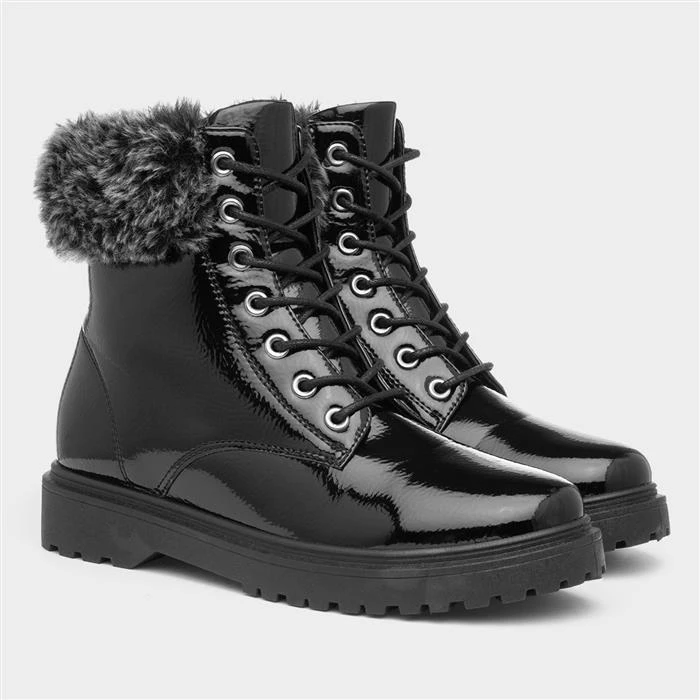 Lilley Womens Black Patent Lace Up Boot - Image 5