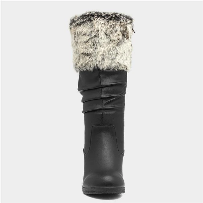 Lilley Womens Black High Leg Wedge Boot