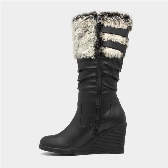 Lilley Womens Black High Leg Wedge Boot - Image 2