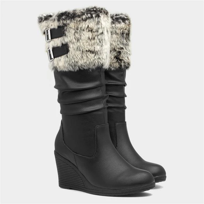 Lilley Womens Black High Leg Wedge Boot - Image 5