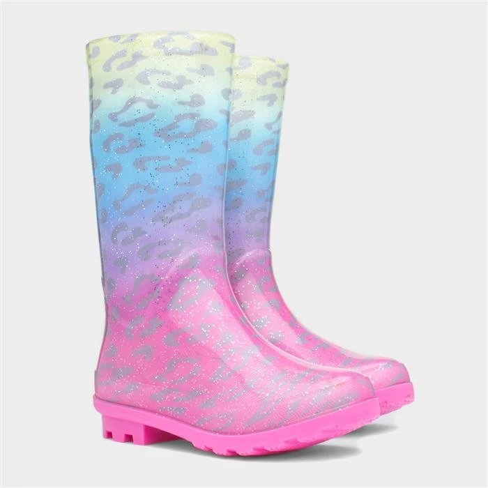 Zone Stormy Kids Rainbow Leopard Print Glitter Welly - Image 5